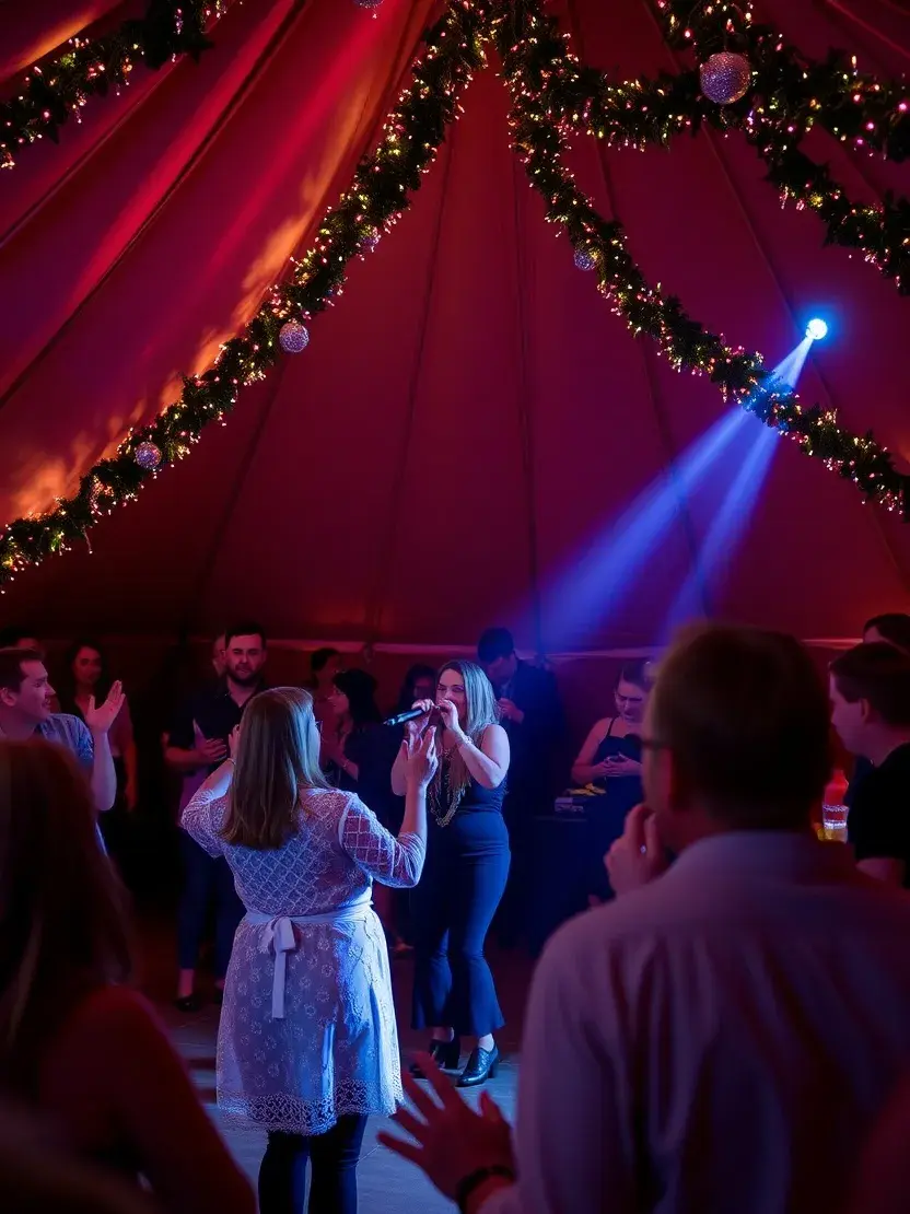 A party scene at a festive Christmas event with people dancing to live music. This image is taken inside a tipi tent with decorative garlands and lights. Disco laser lights and people dancing in a jolly, merry venue.
