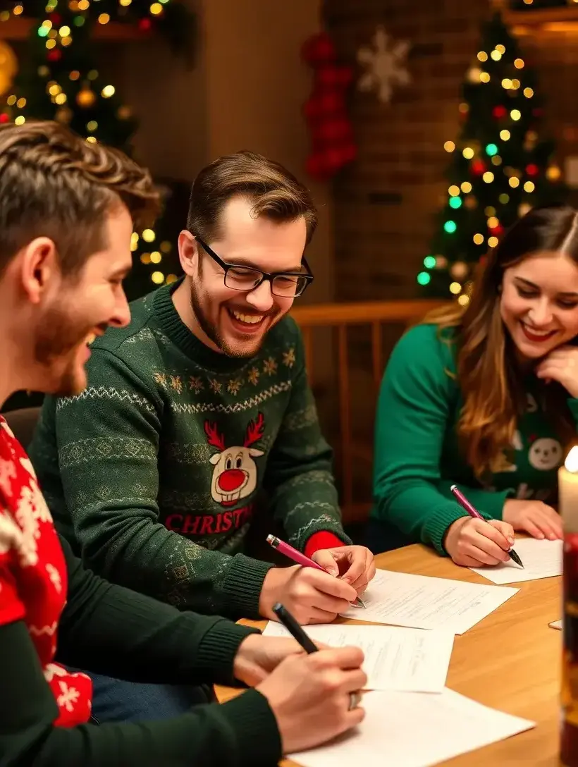 Three people wearing festive Christmas-themed jumpers, each writing on pieces of paper on a wooden table. There are colourful decorative lights in the background. The scene appears to be a festive venue with people taking part in a fun activity.